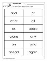 Word Wall Words for the Letter A
